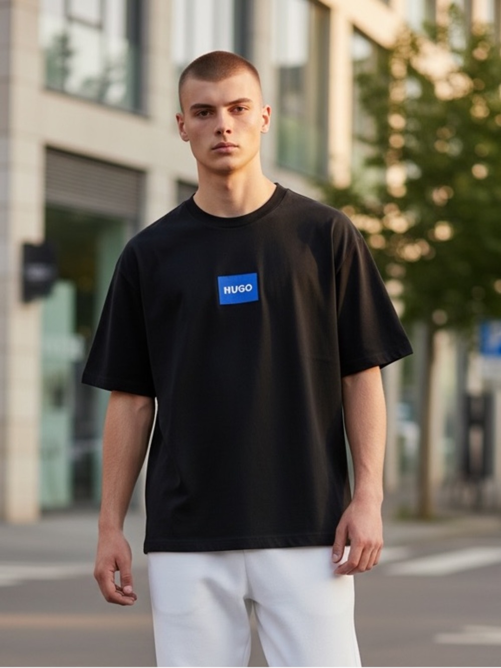 HUGO Black Short-Sleeve Tee with Blue Logo Box , authentic , large